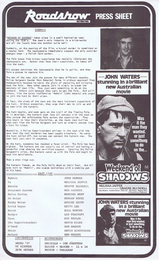WEEKEND OF SHADOWS Rare AUSTRALIAN Movie Press Sheet John Waters