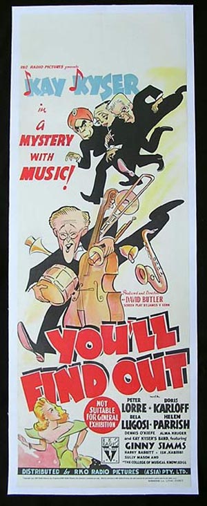 YOU’LL FIND OUT ’40-Boris Karloff-Peter Lorre-Bela Lugosi-kay Kyser RARE JAZZ poster