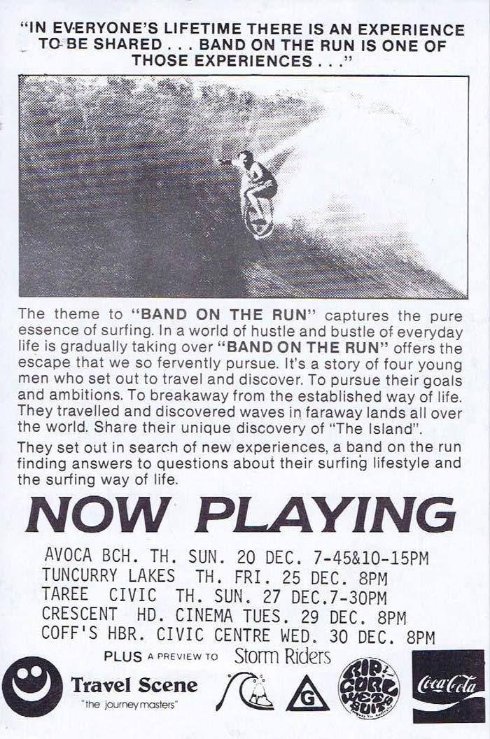 BAND ON THE RUN Rare Surfing Movie Flyer Harry Hodge