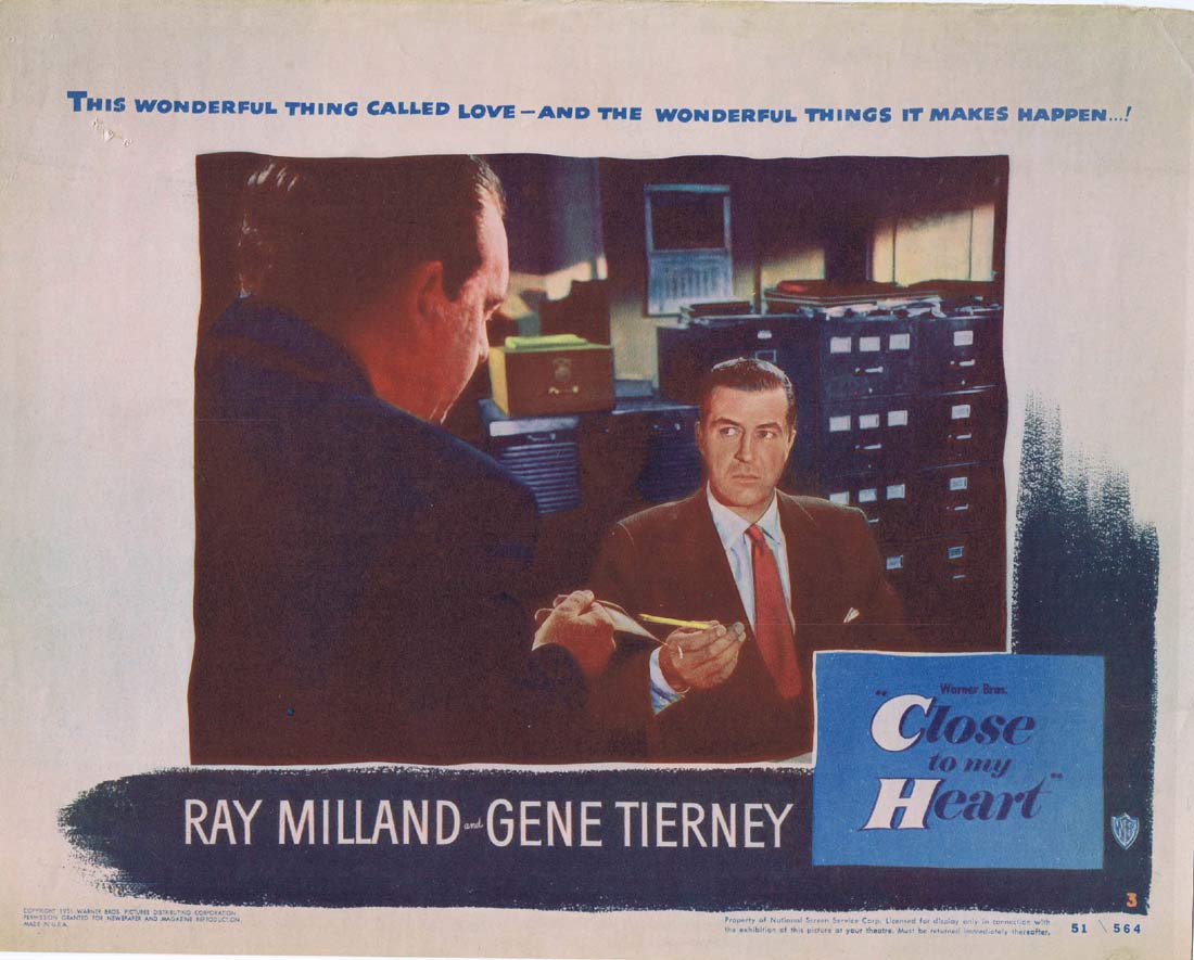 CLOSE TO MY HEART Original Lobby Card 3 Ray Milland Gene Tierney