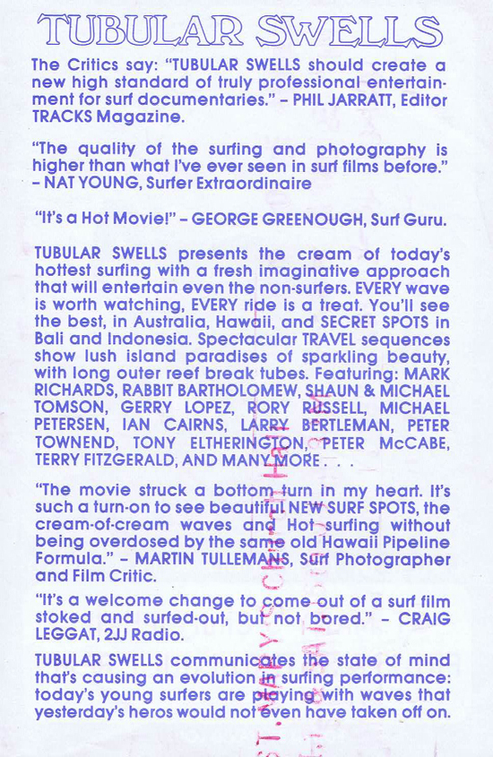 TUBULAR SWELLS Movie Press sheet Surfing Film Dick Hoole Jack McCoy “D”