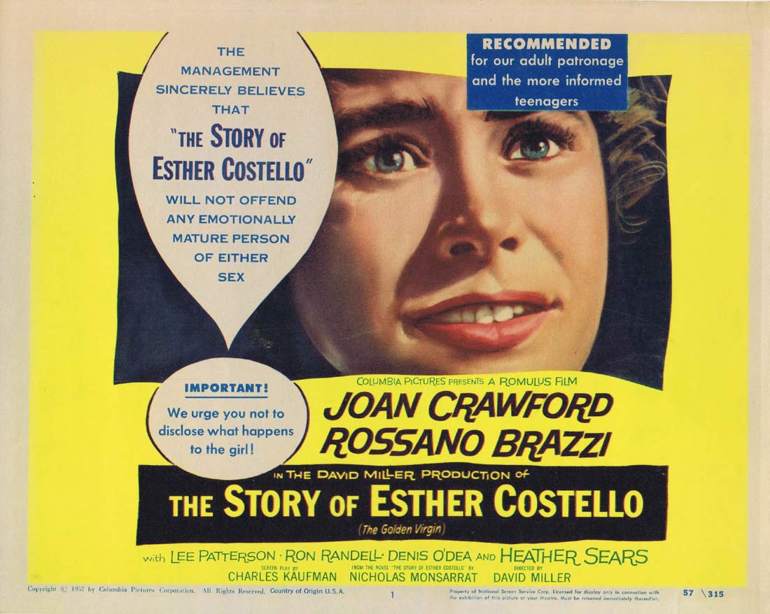 STORY OF ESTHER COSTELLO Joan Crawford Rossano Brazzi Title Lobby Card