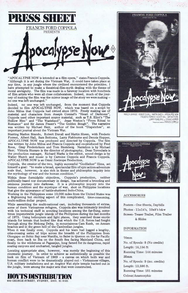 APOCALYPSE NOW Rare AUSTRALIAN Movie Press Sheet Marlon Brando Robert Duvall