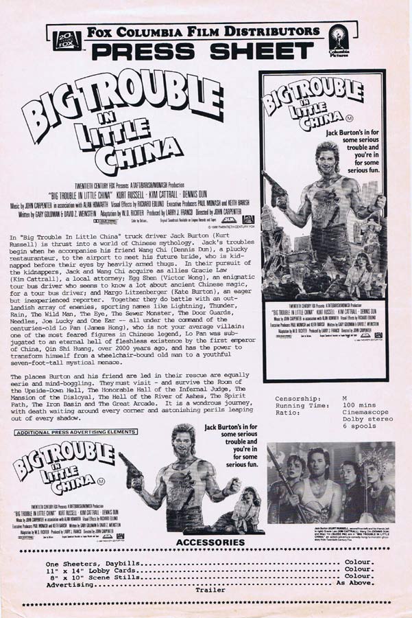 BIG TROUBLE IN LITTLE CHINA Rare AUSTRALIAN Movie Press Sheet Kurt Russell