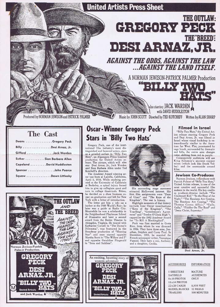 BILLY TWO HATS Rare AUSTRALIAN Movie Press Sheet Gregory Peck