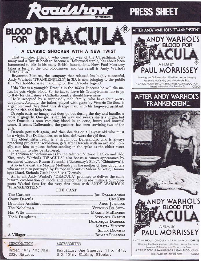 ANDY WARHOL’S BLOOD FOR DRACULA Rare AUSTRALIAN Movie Press Sheet Horror