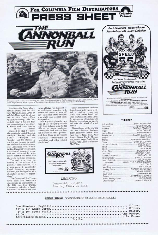THE CANNONBALL RUN Rare AUSTRALIAN Movie Press Sheet Burt Reynolds