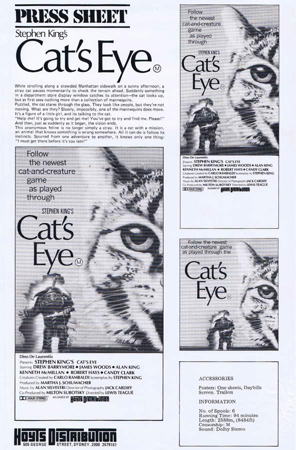 CAT’S EYE Rare AUSTRALIAN Movie Press Sheet Drew Barrymore