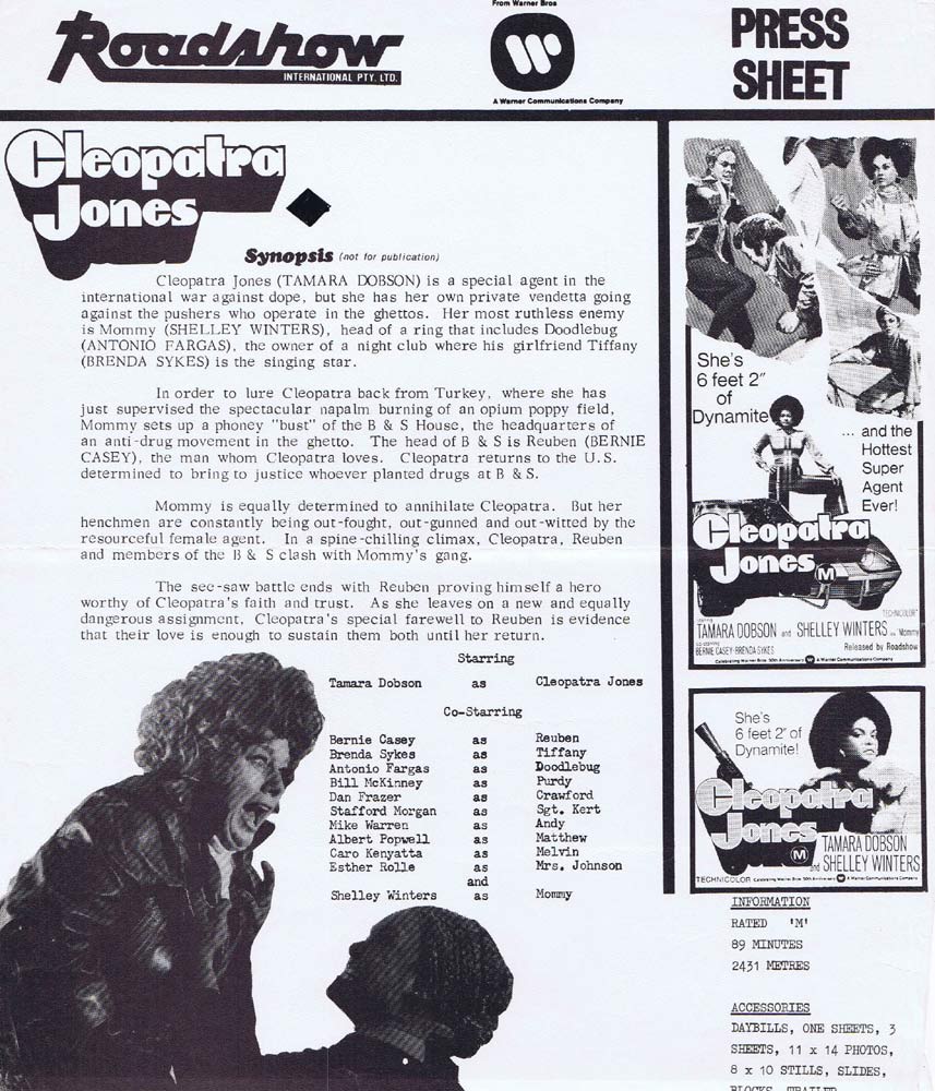 CLEOPATRA JONES Rare AUSTRALIAN Movie Press Sheet Tamara Dobson