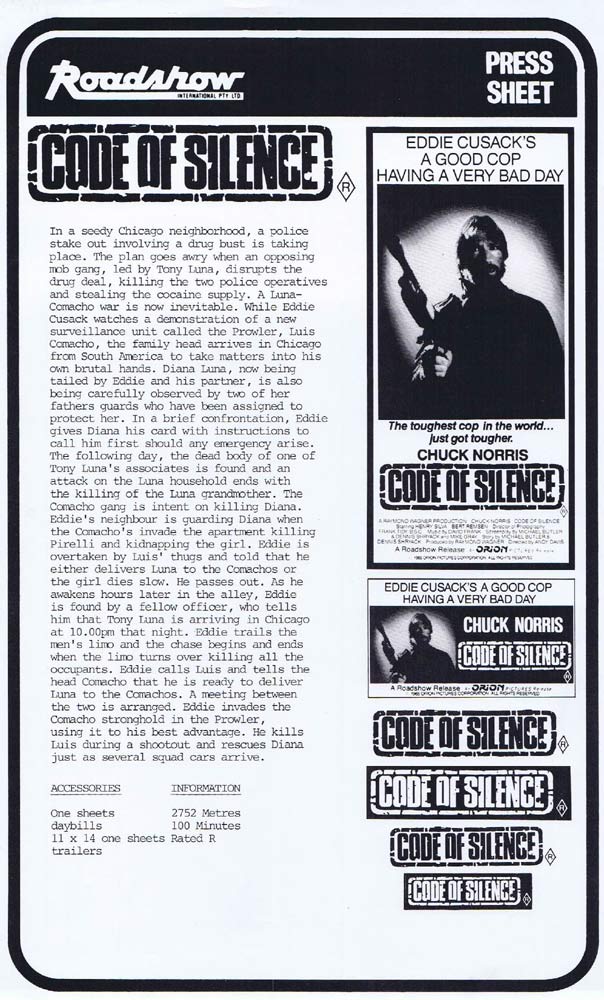 CODE OF SILENCE Rare AUSTRALIAN Movie Press Sheet Chuck Norris Henry Silva