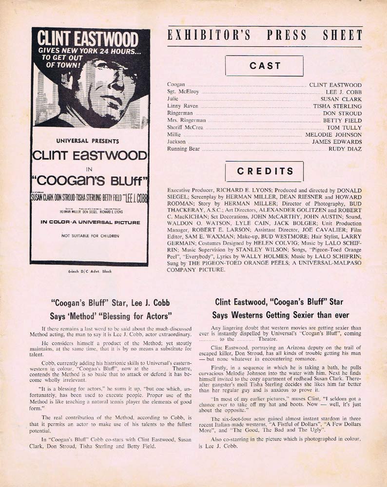 COOGAN’S BLUFF Rare AUSTRALIAN Movie Press Sheet Clint Eastwood