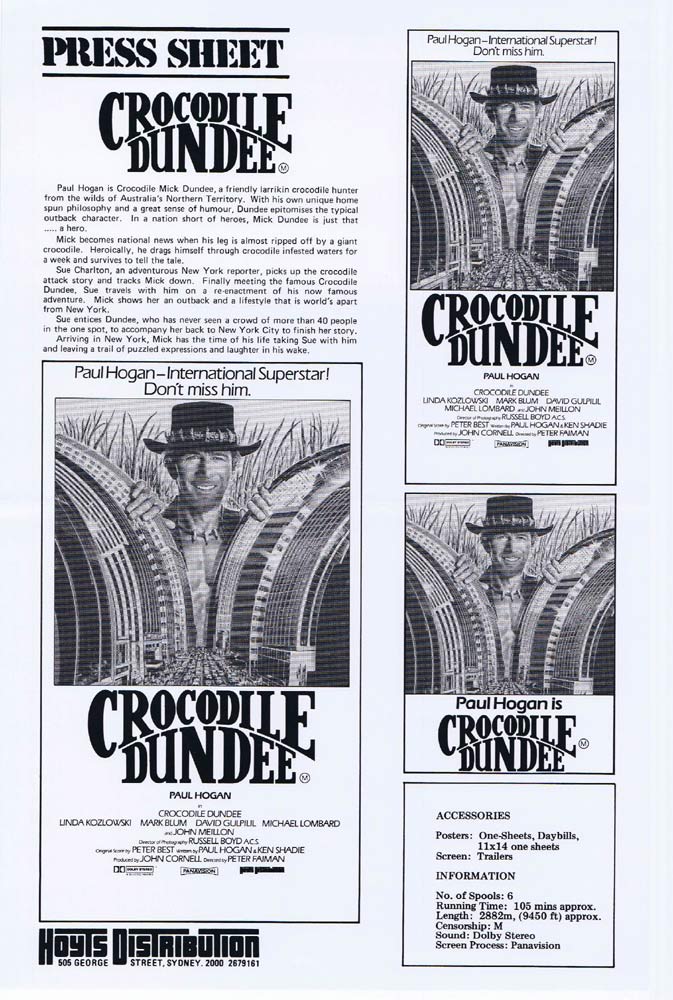 CROCODILE DUNDEE Rare AUSTRALIAN Movie Press Sheet Paul Hogan Linda Kozlowski