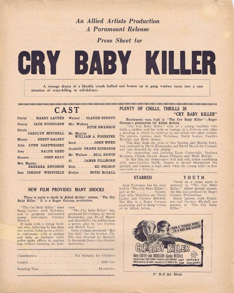 THE CRY BABY KILLER Rare AUSTRALIAN Movie Press Sheet  Jack Nicholson Film Noir