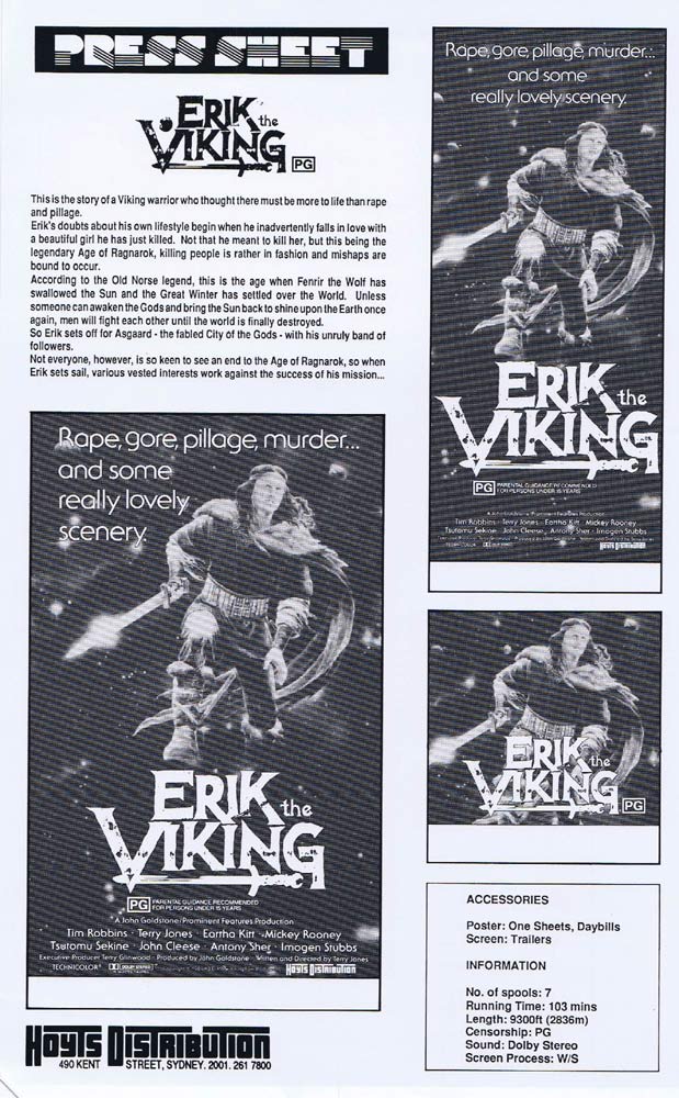 ERIK THE VIKING Rare AUSTRALIAN Movie Press Sheet Terry Jones