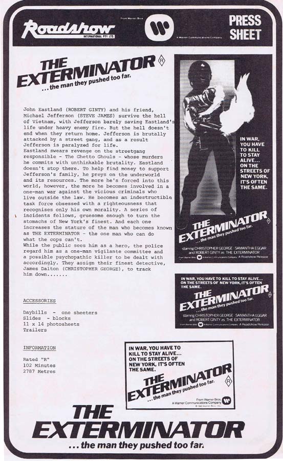 THE EXTERMINATOR Rare AUSTRALIAN Movie Press Sheet Robert Ginty