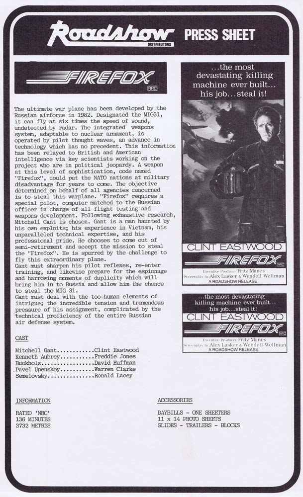 FIREFOX Rare AUSTRALIAN Movie Press Sheet Clint Eastwood
