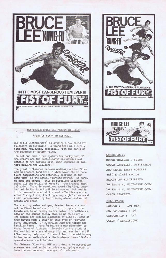 FIST OF FURY Rare AUSTRALIAN Movie Press Sheet Bruce Lee Kung Fu Martial Arts