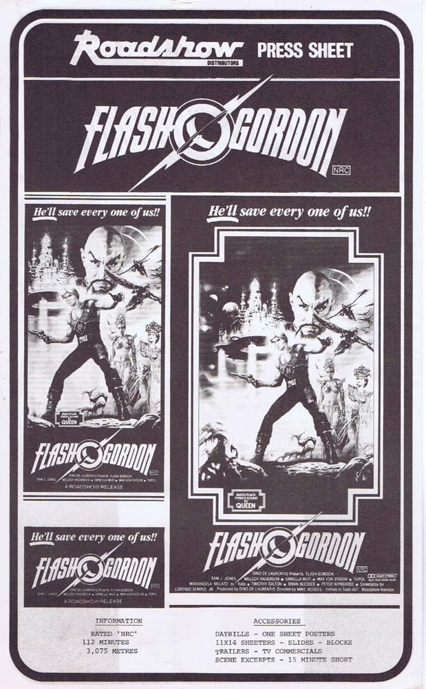 FLASH GORDON Rare AUSTRALIAN Movie Press Sheet Sam J. Jones