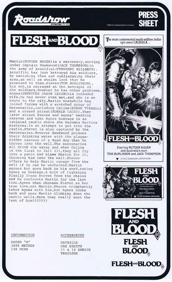 FLESH AND BLOOD Rare AUSTRALIAN Movie Press Sheet Rutger Hauer
