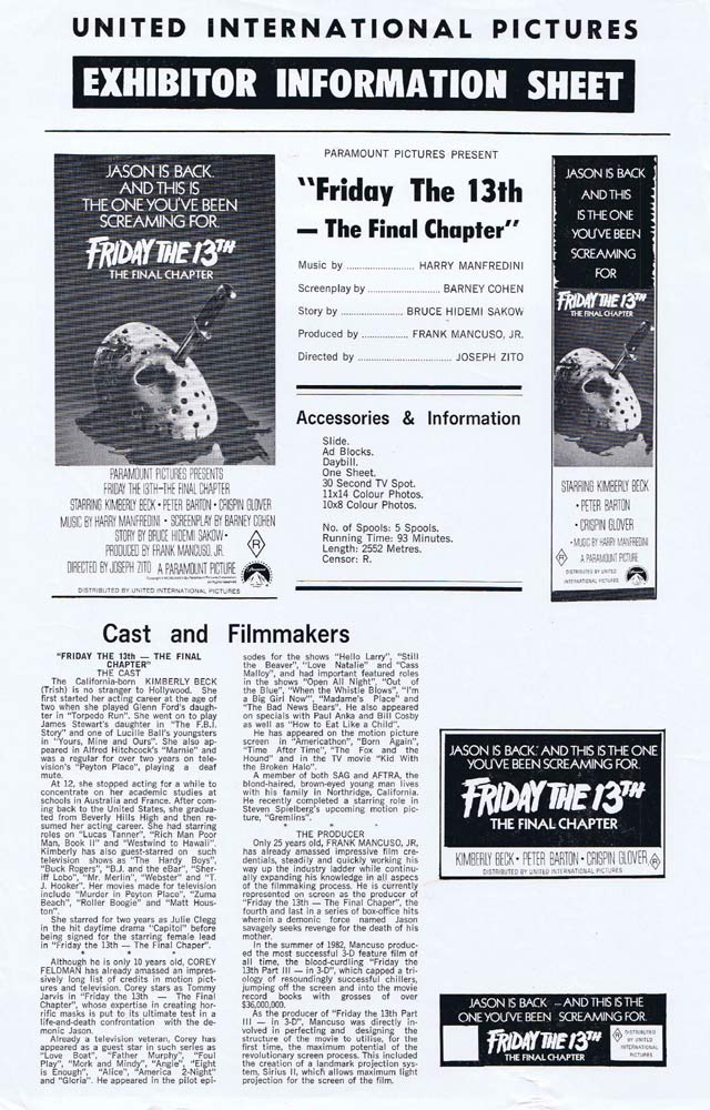 FRIDAY THE 13TH THE FINAL CHAPTER Rare AUSTRALIAN Movie Press Sheet