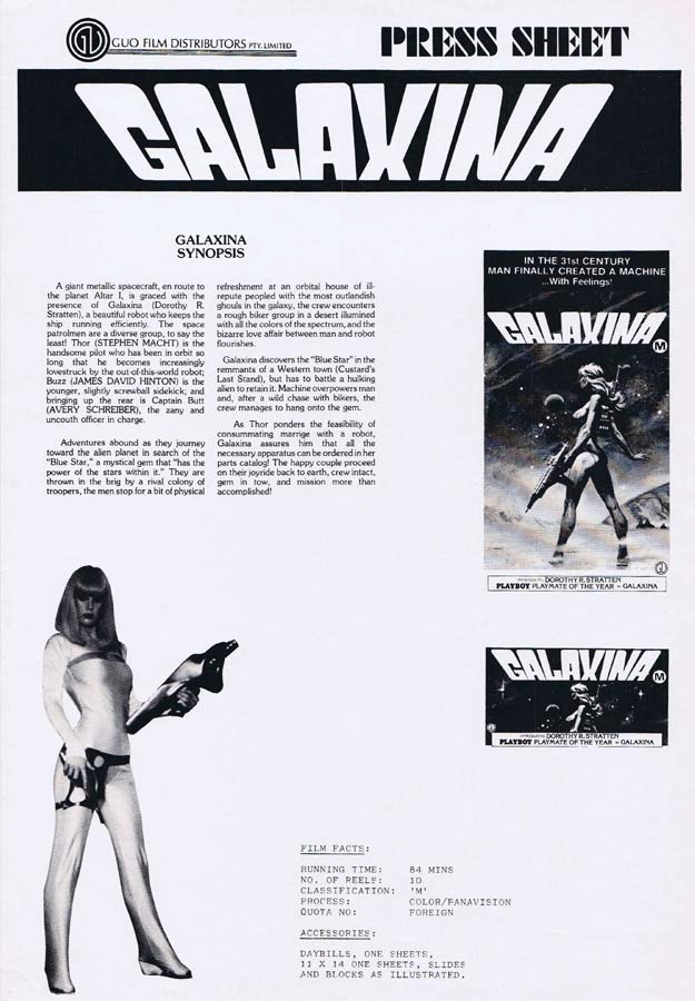 GALAXINA Rare AUSTRALIAN Movie Press Sheet Dorothy Stratten