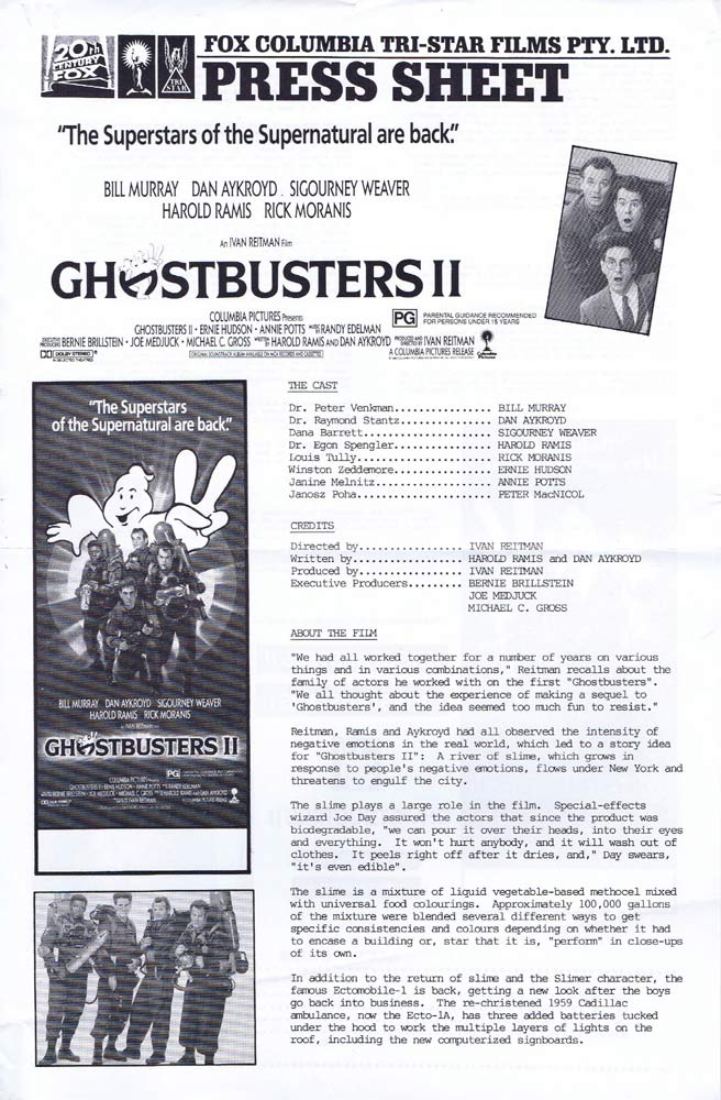 GHOSTBUSTERS II Rare AUSTRALIAN Movie Press Sheet Bill Murray