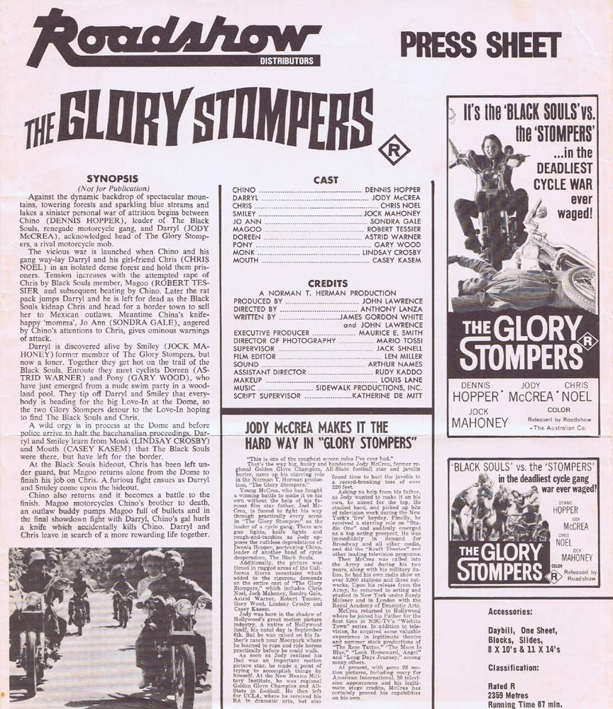THE GLORY STOMPERS Rare AUSTRALIAN Movie Press Sheet Biker