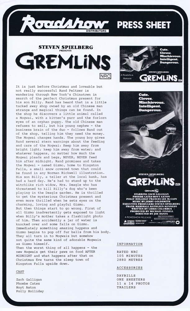 GREMLINS Rare AUSTRALIAN Movie Press Sheet Zach Galligan Phoebe Cates
