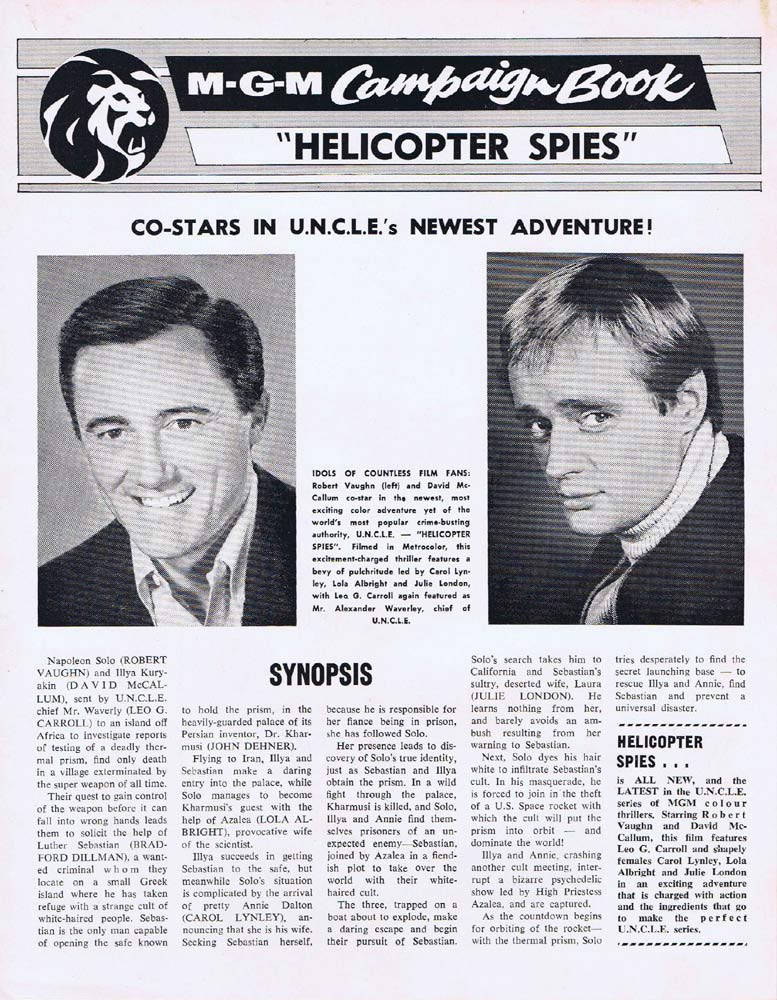 THE HELICOPTER SPIES Rare AUSTRALIAN Movie Press Sheet Man From Uncle