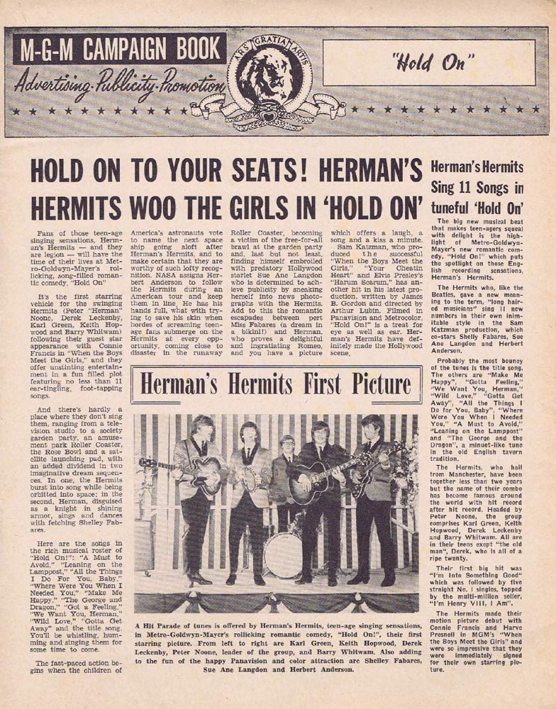 HERMAN’S HERMITS HOLD ON Rare AUSTRALIAN Movie Press Sheet