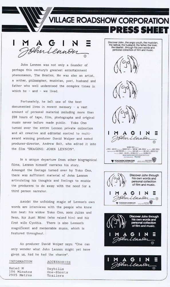 IMAGINE Rare AUSTRALIAN Movie Press Sheet John Lennon