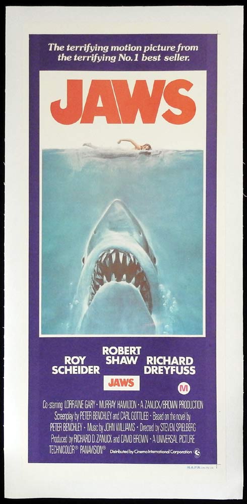 JAWS Original LINEN BACKED Daybill Movie poster Shark Roy Scheider