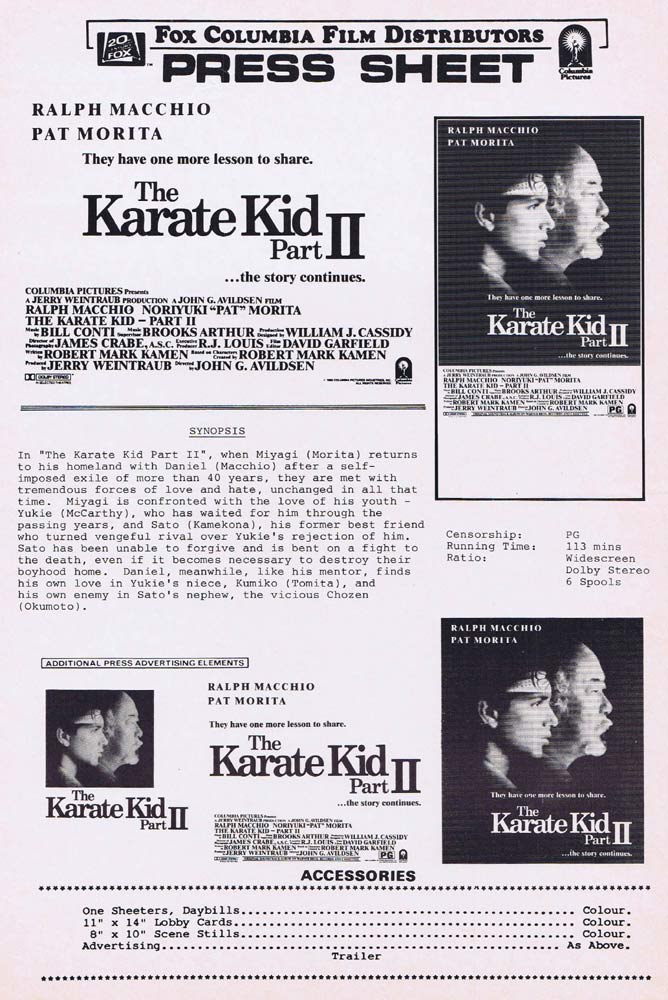 THE KARATE KID PART II Rare AUSTRALIAN Movie Press Sheet Ralph Macchio