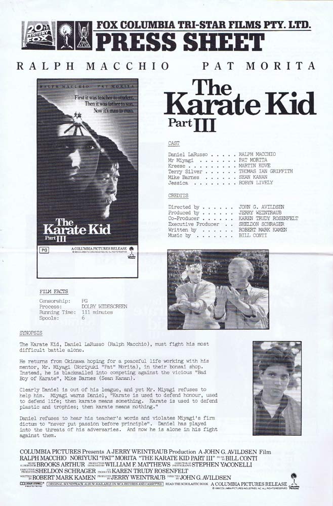 THE KARATE KID PART III Rare AUSTRALIAN Movie Press Sheet Ralph Macchio