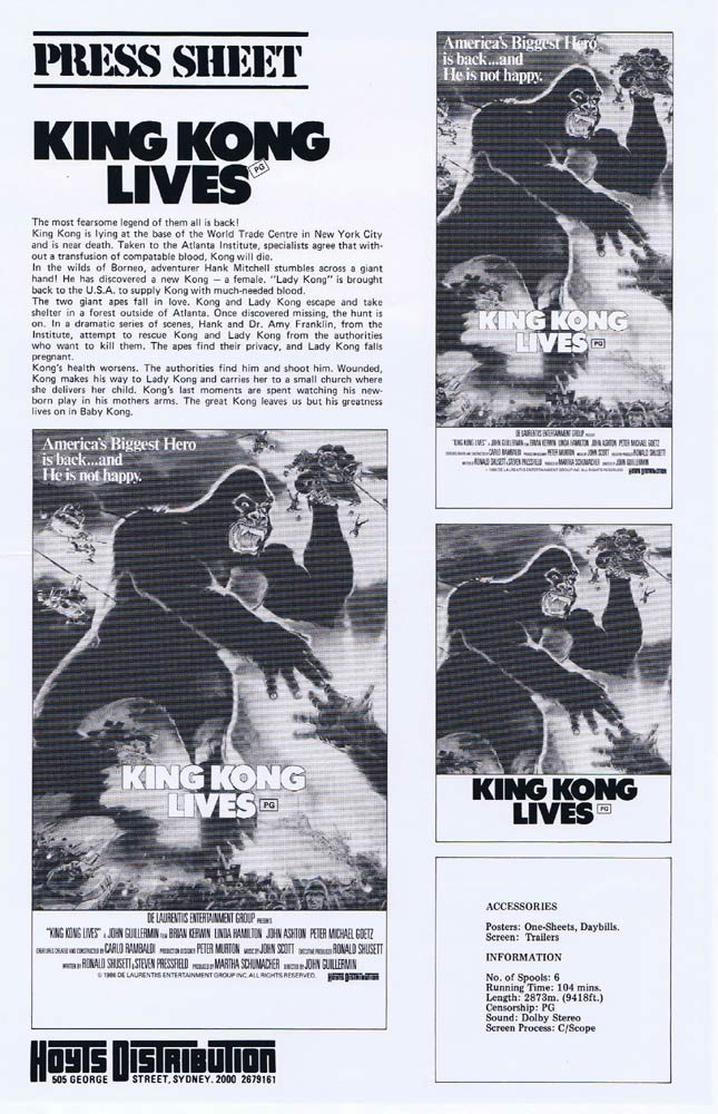 KING KONG LIVES Rare AUSTRALIAN Movie Press Sheet Brian Kerwin Linda Hamilton