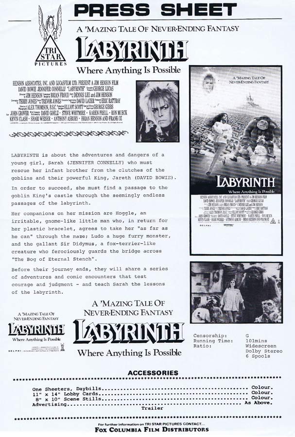LABYRINTH Rare AUSTRALIAN Movie Press Sheet David Bowie Jennifer Connelly