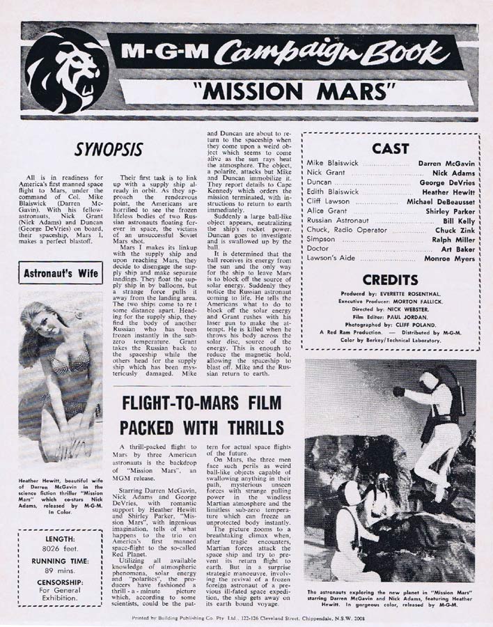 MISSION MARS Rare AUSTRALIAN Movie Press Sheet Darren McGavin