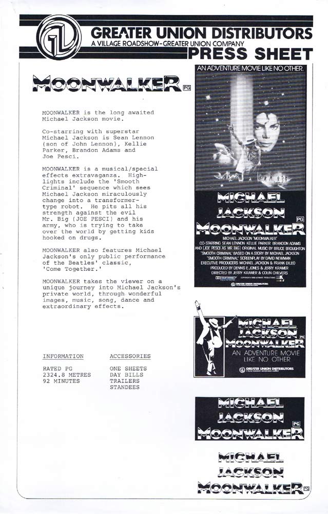 MOONWALKER Rare AUSTRALIAN Movie Press Sheet Michael Jackson