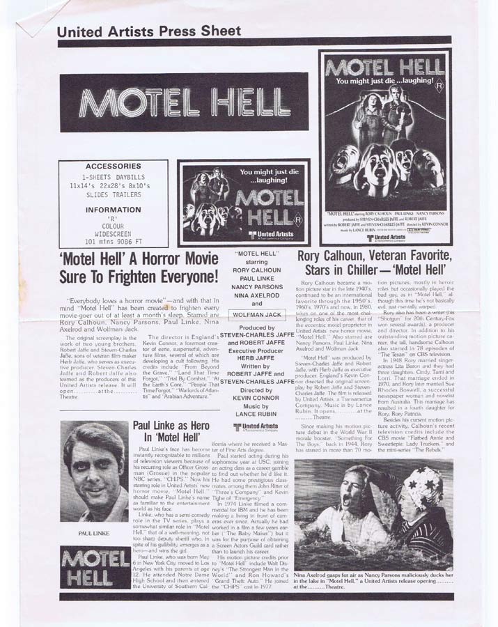 MOTEL HELL Rare AUSTRALIAN Movie Press Sheet Horror Rory Calhoun