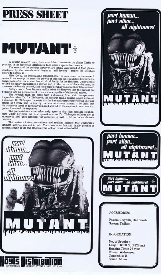 MUTANT Rare AUSTRALIAN Movie Press Sheet Bo Hopkins