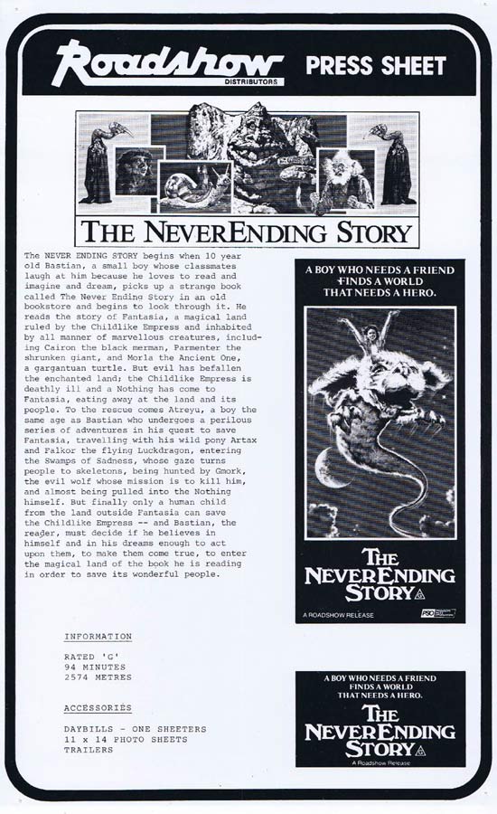 THE NEVER ENDING STORY Rare AUSTRALIAN Movie Press Sheet Wolfgang Petersen
