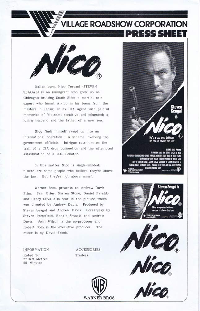 NICO ABOVE THE LAW Rare AUSTRALIAN Movie Press Sheet Steven Seagal Pam Grier