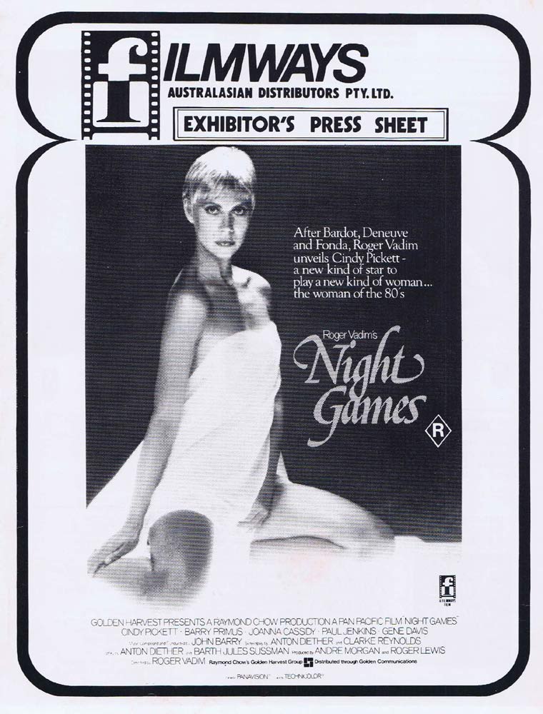 NIGHT GAMES Rare AUSTRALIAN Movie Press Sheet Roger Vadim Cindy Pickett