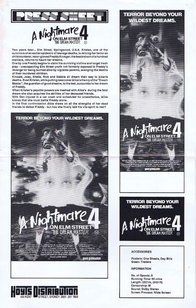 A NIGHTMARE ON ELM STREET 4 Rare AUSTRALIAN Movie Press Sheet Robert Englund