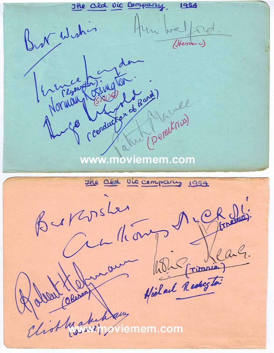 OLD VIC THEATRE COMPANY 1954 Midsummer Nights Dream Cast Autographs
