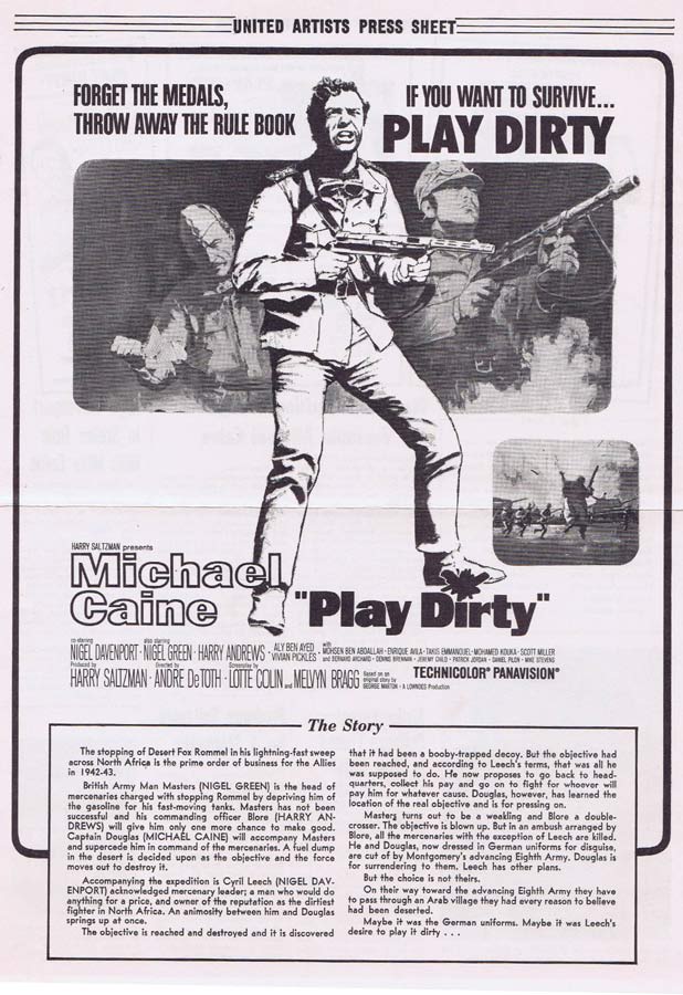 PLAY DIRTY Rare AUSTRALIAN Movie Press Sheet Michael Caine