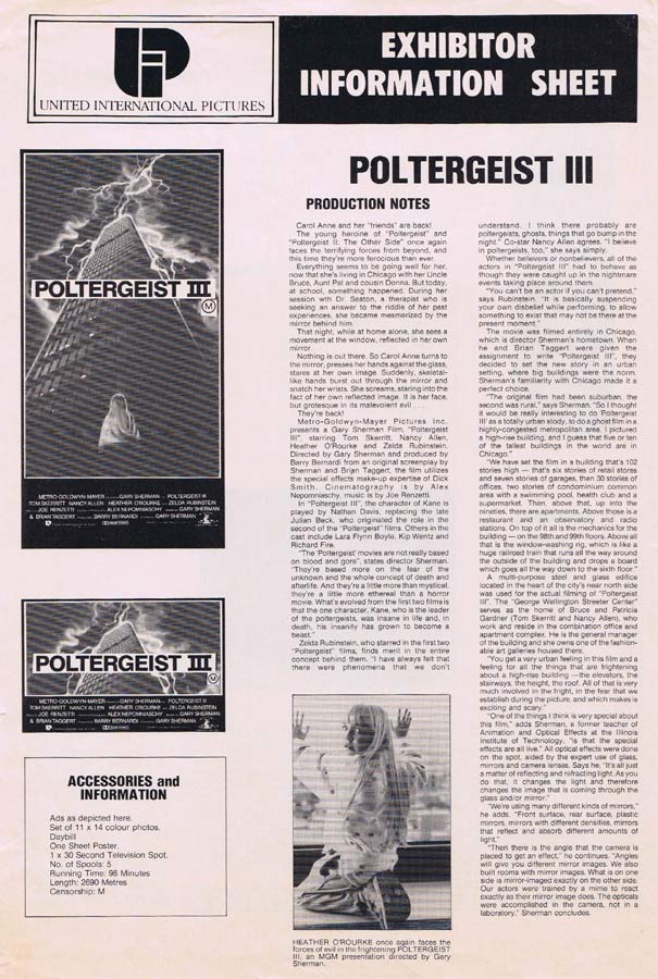 POLTERGEIST III Rare AUSTRALIAN Movie Press Sheet Tom Skerritt Nancy Allen