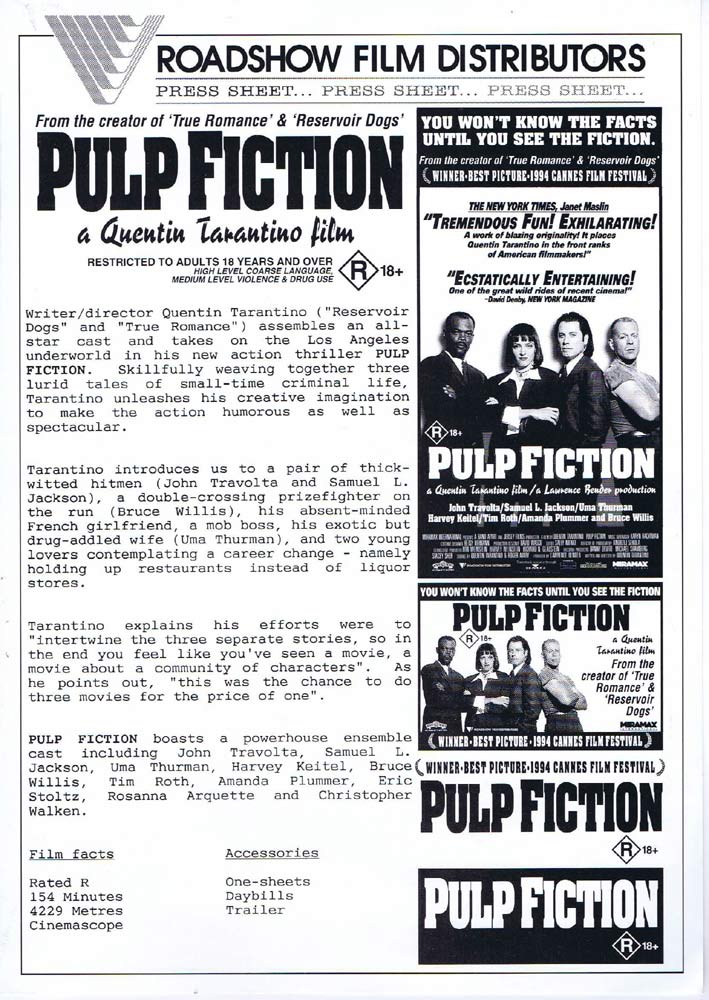 PULP FICTION Rare AUSTRALIAN Movie Press Sheet Quentin Tarantino