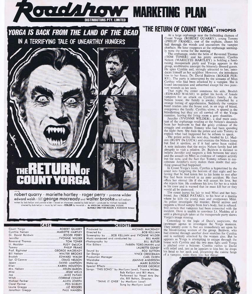 THE RETURN OF COUNT YORGA Rare AUSTRALIAN Movie Press Sheet Robert Quarry