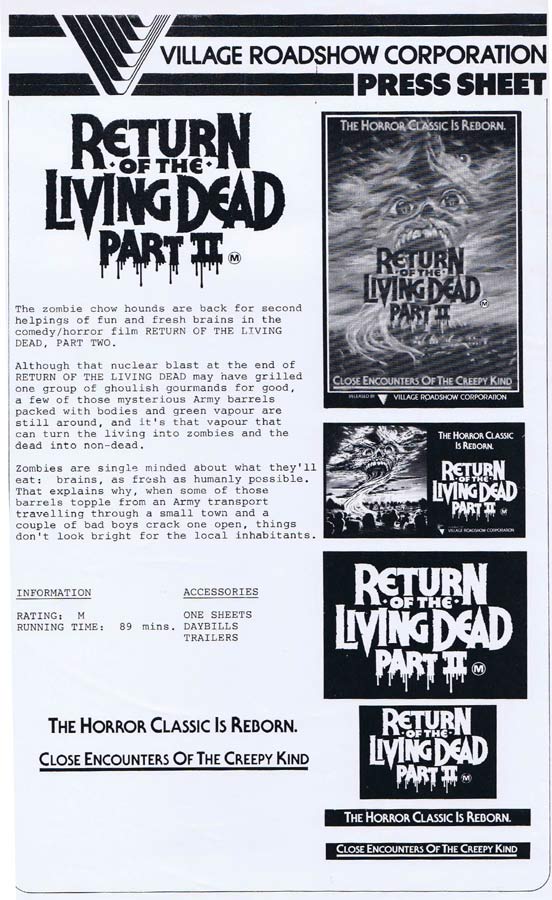 RETURN OF THE LIVING DEAD PART II Rare AUSTRALIAN Movie Press Sheet Horror Zombie